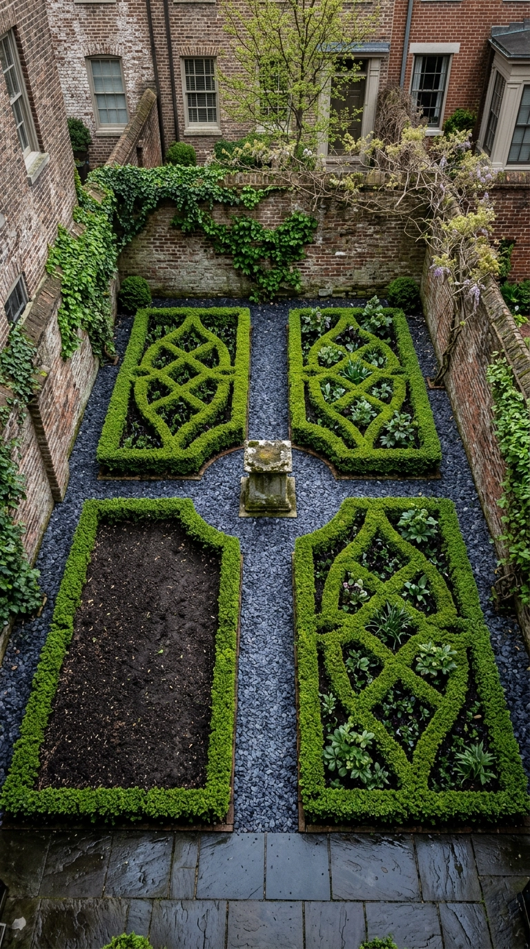 Small symmetrical boxwood parterre with dark slate gravel paths in a brick courtyard