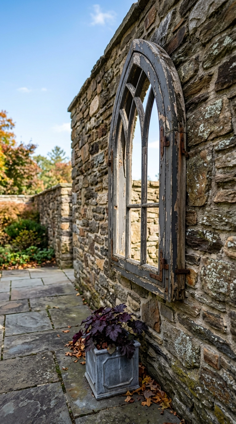 Reclaimed pointed-arch window frame mounted on a fieldstone wall above a dark potted heuchera