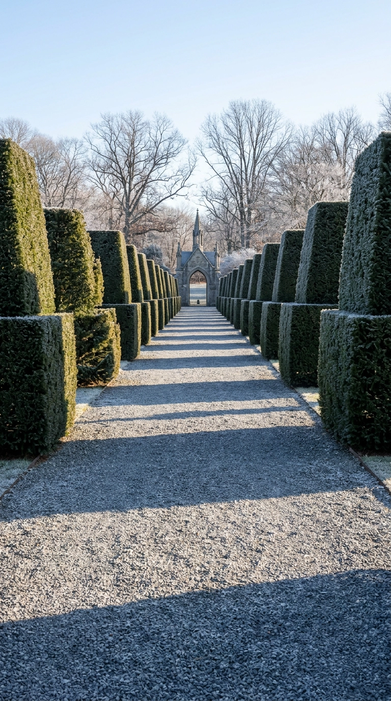 Clipped yew hedge buttresses flanking a frosty gravel walk in winter light