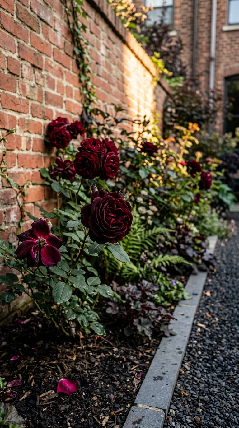 Dark crimson English roses blooming against an aged red brick garden wall at golden hour