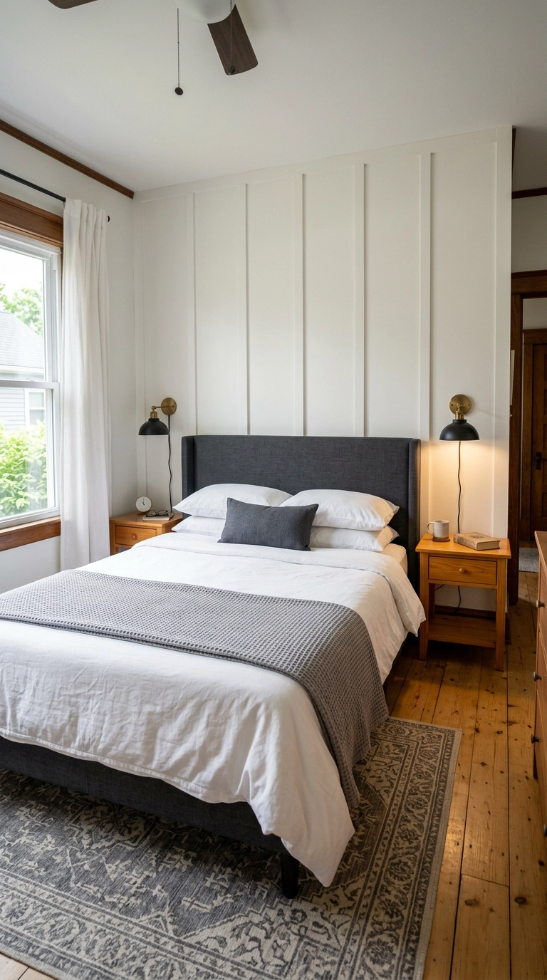 White board and batten wall behind a charcoal gray headboard in a farmhouse bedroom