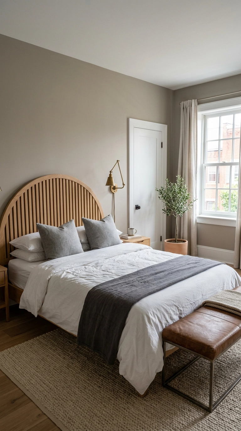 Warm greige and white bedroom with arched oak slat headboard and brass sconce