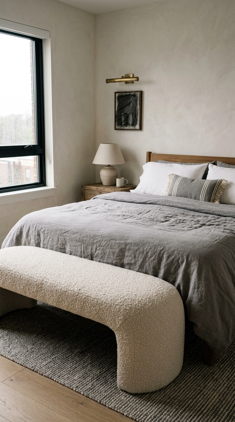 Cream boucle bench at the foot of a gray and white bed with limewash plaster walls