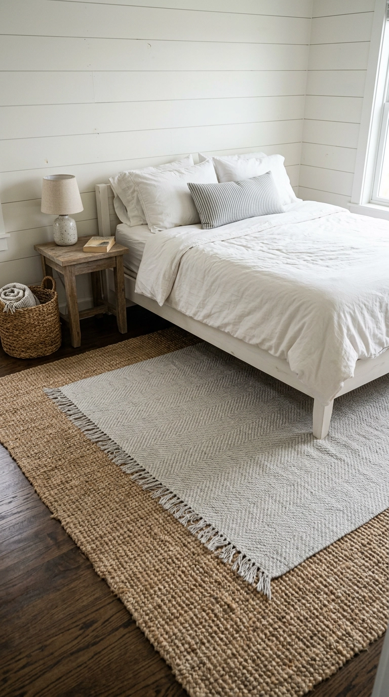 Layered jute and gray wool rugs in a white cottage bedroom with weathered oak nightstand
