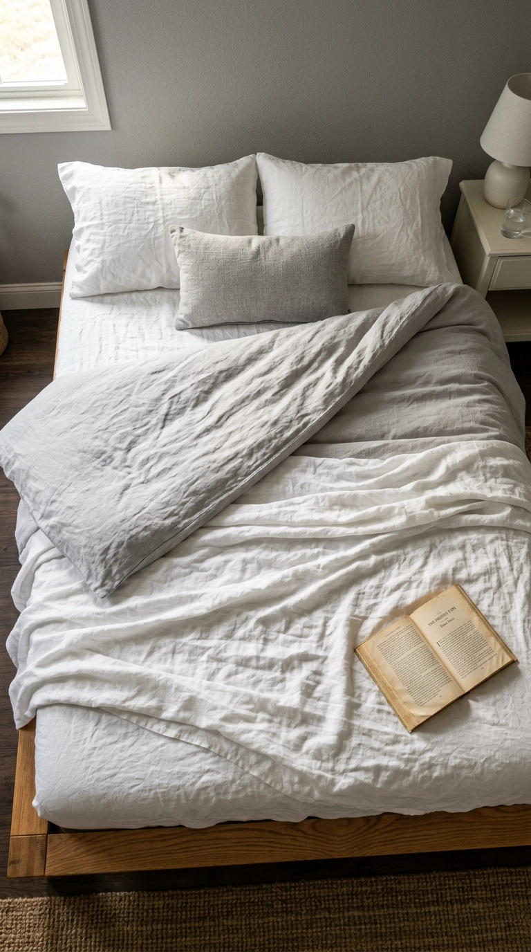 Overhead view of white and ash gray washed linen bedding with soft natural creases