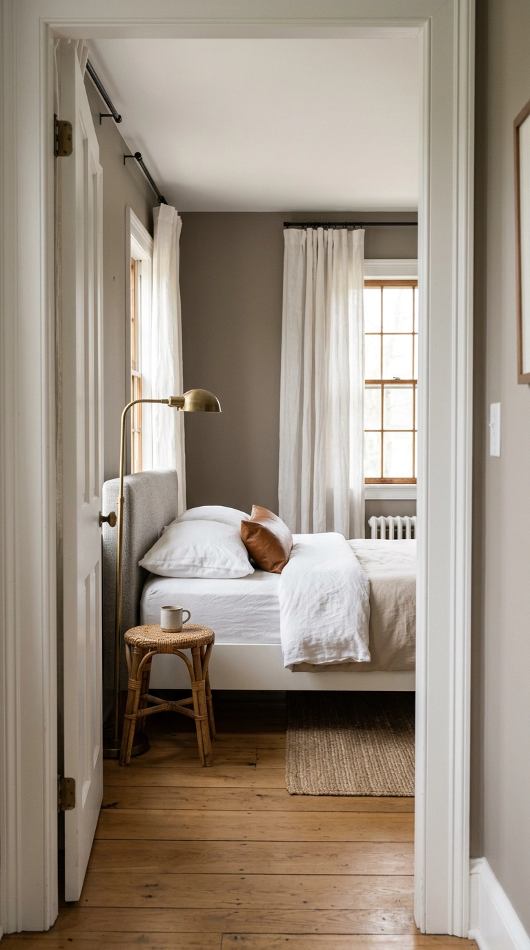 White linen curtains hung high in a warm gray bedroom with leather lumbar pillow