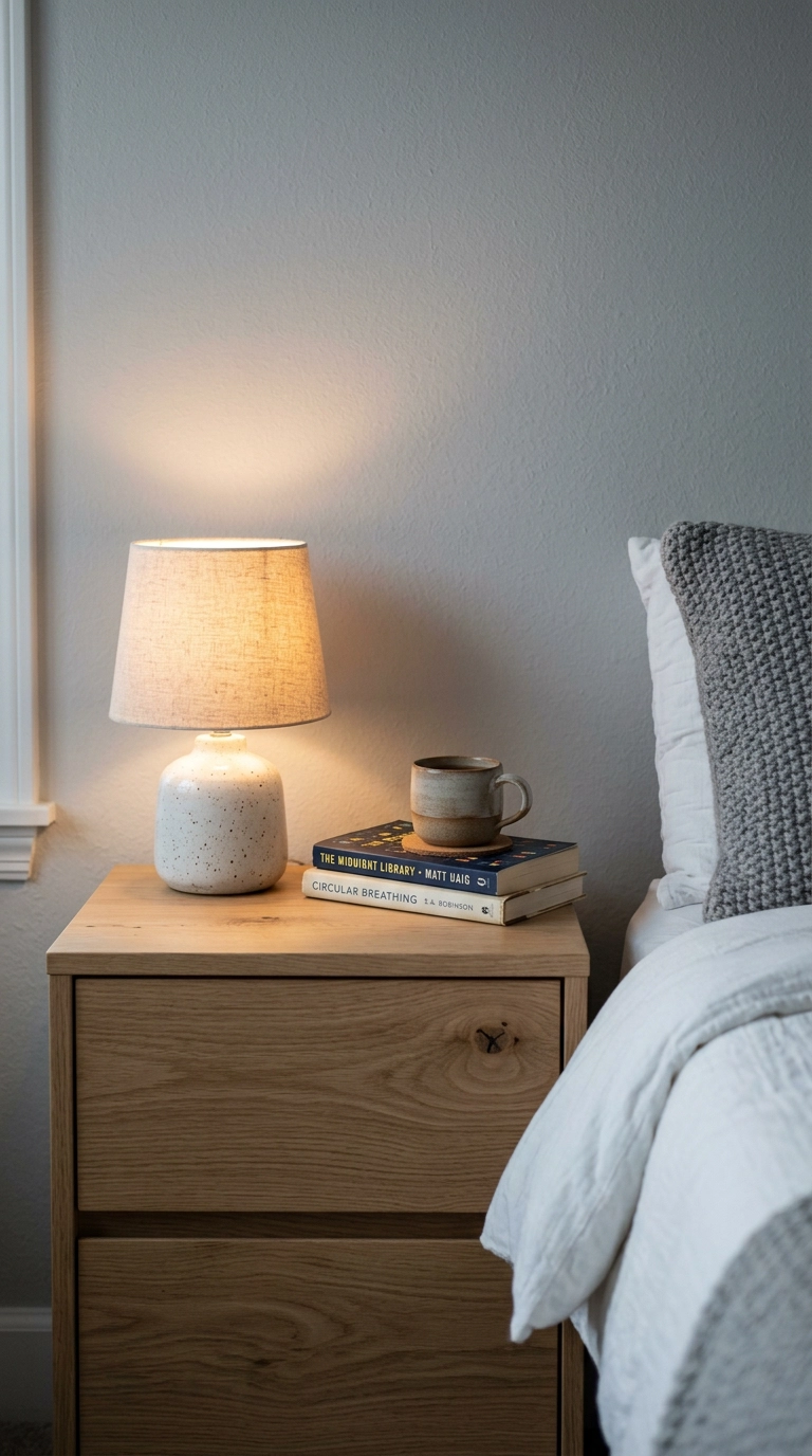 White oak nightstand with ceramic lamp beside gray and white bedding at dusk