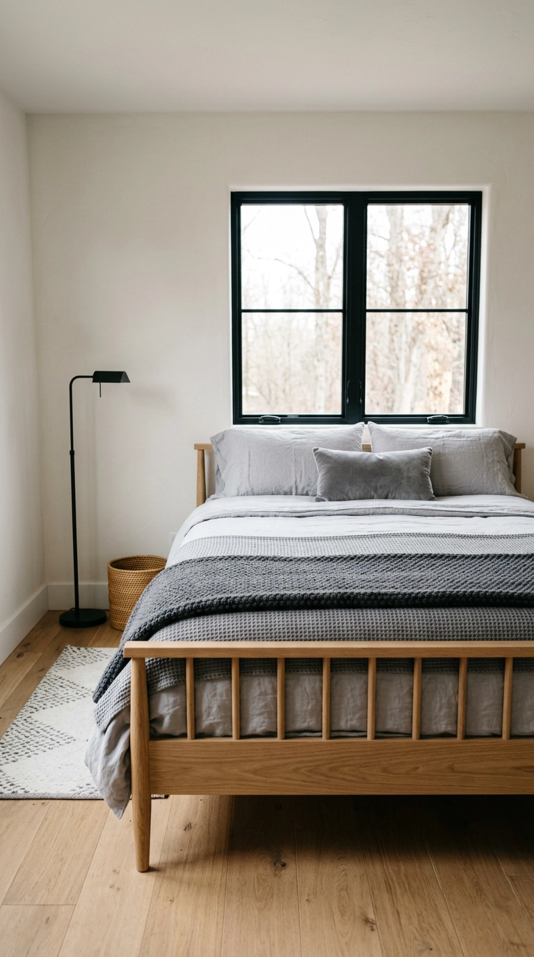Layered dove, pewter, and ash gray bedding on a white oak spindle bed