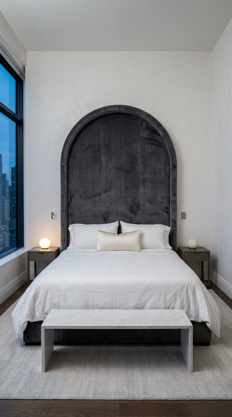 Tall arched deep gray velvet headboard with white bedding in a high-rise bedroom