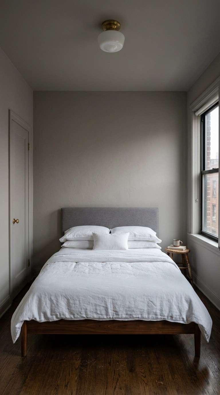 Small bedroom color drenched in soft gray with crisp white bedding and walnut bed