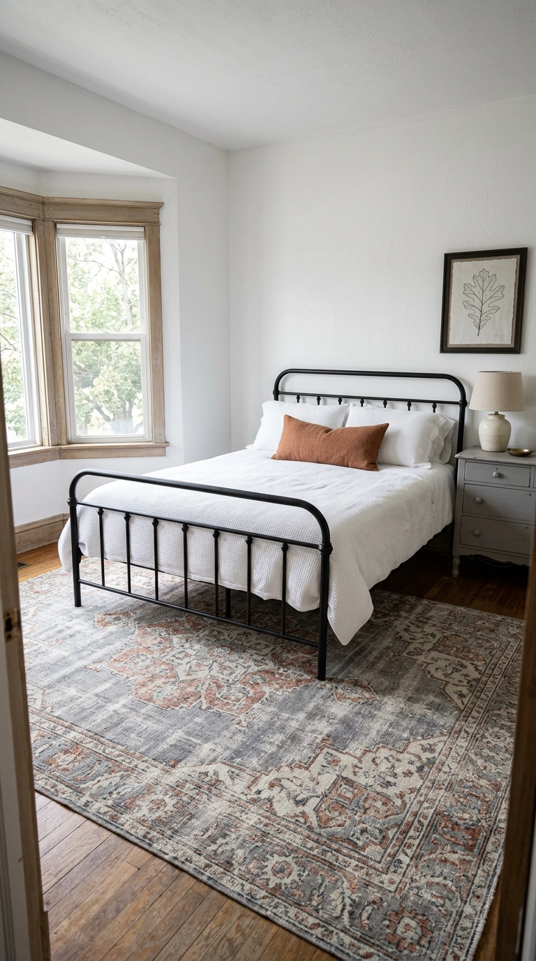 Faded gray and rust vintage rug in a white bedroom with a black iron bed frame