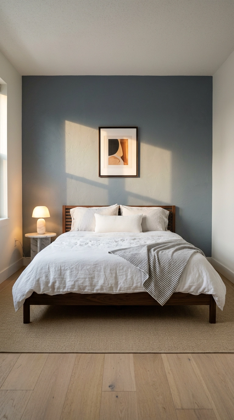 Slate gray accent wall with white bedding and walnut platform bed in a small bedroom