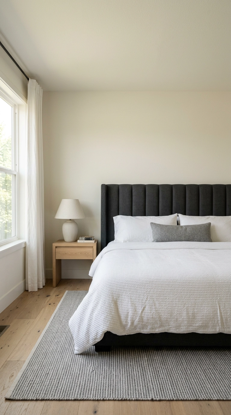 Gray and white bedroom with charcoal tufted headboard, white bedding, and white oak floors