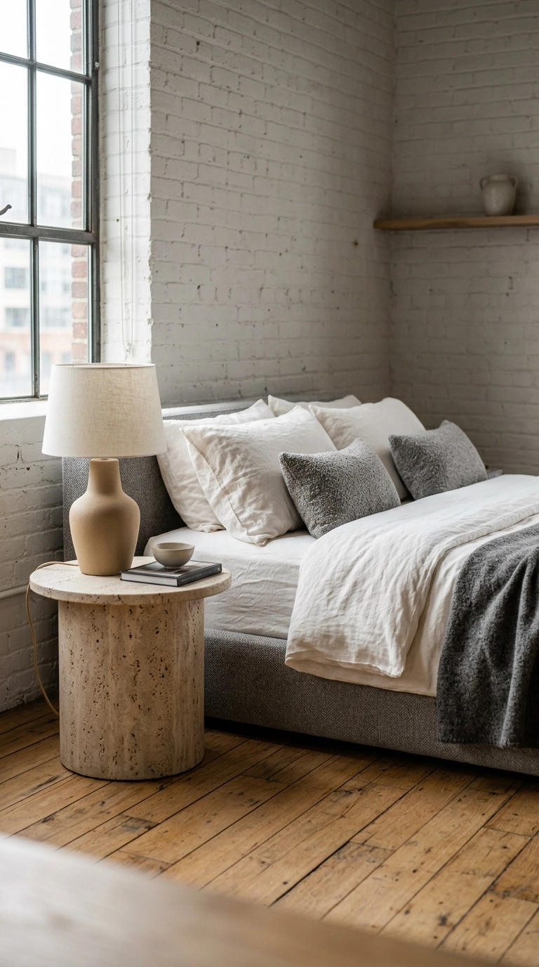 Honed travertine side table next to a gray upholstered bed with white linen bedding