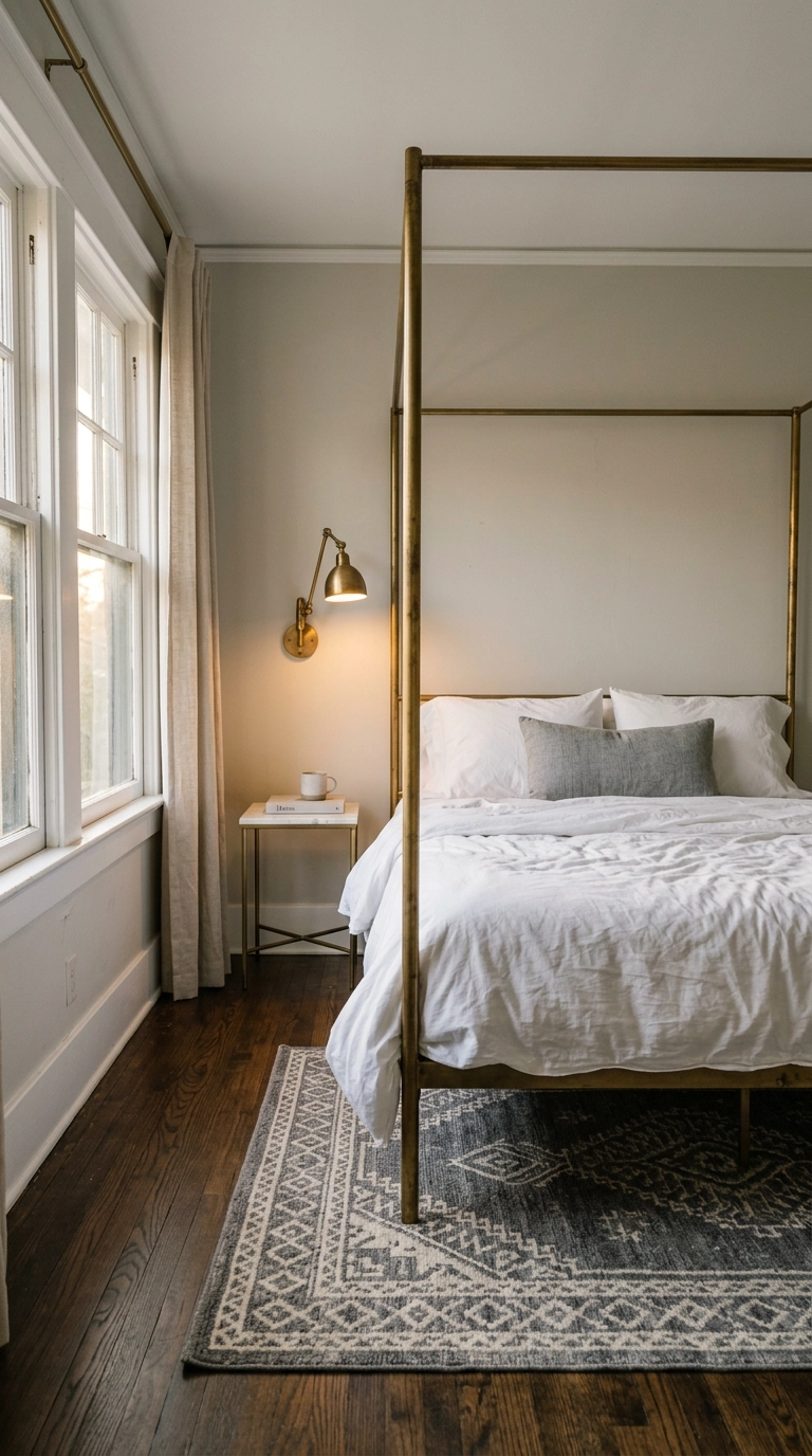 Unlacquered brass bed frame in a greige and white bedroom with marble nightstand