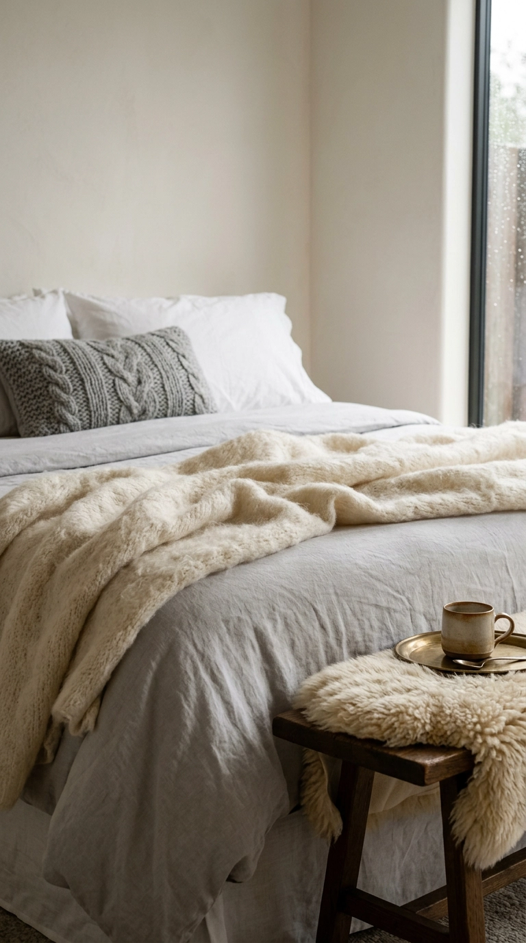Ivory mohair throw and sheepskin on an oak bench beside gray and white bedding