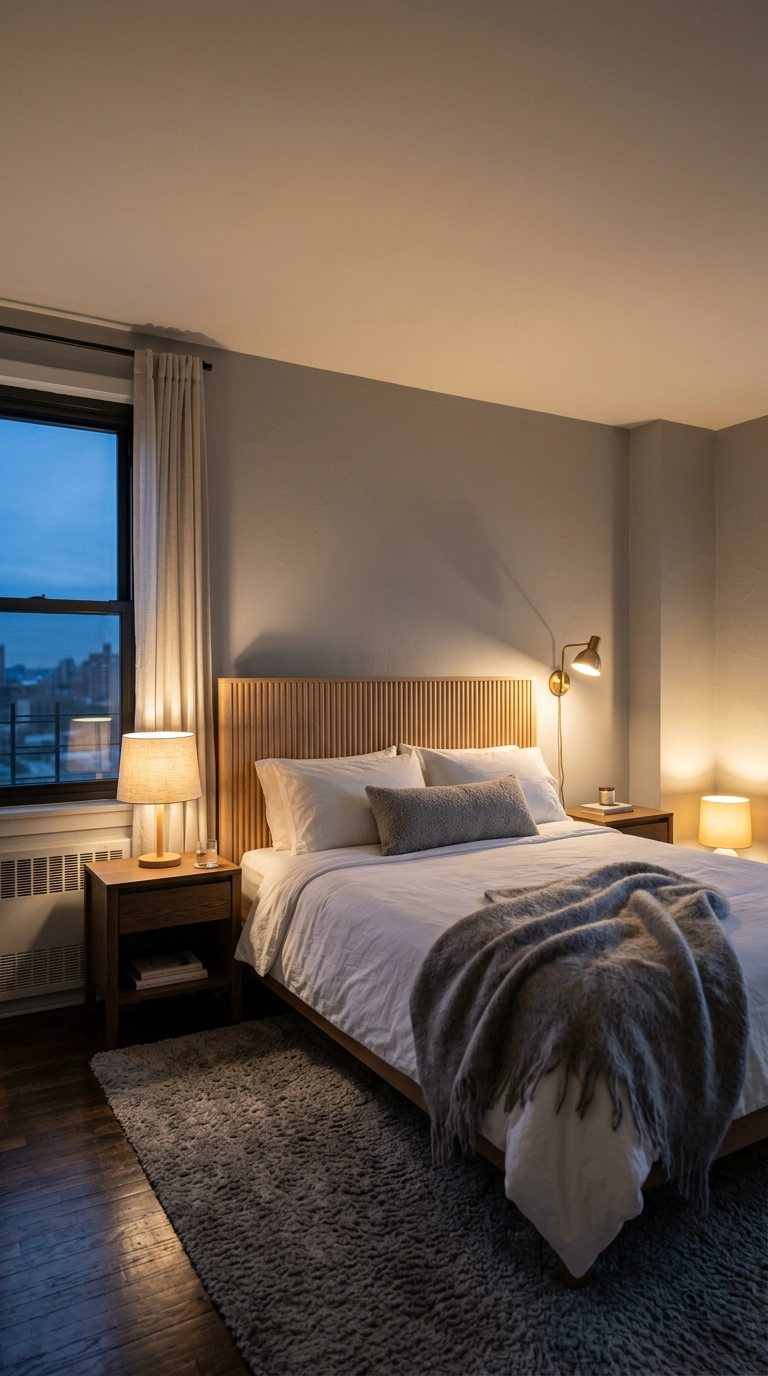 Gray and white bedroom at dusk lit by three warm 2700K lamps and a fluted oak headboard