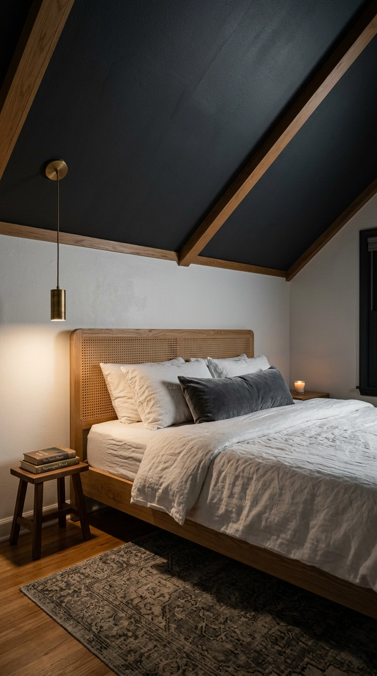Charcoal gray sloped ceiling above a white bedroom with cane and oak headboard
