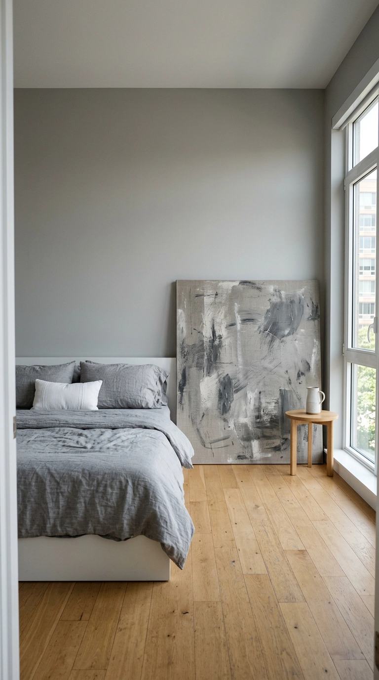 Oversized gray and white abstract canvas leaning against a bedroom wall beside a low bed