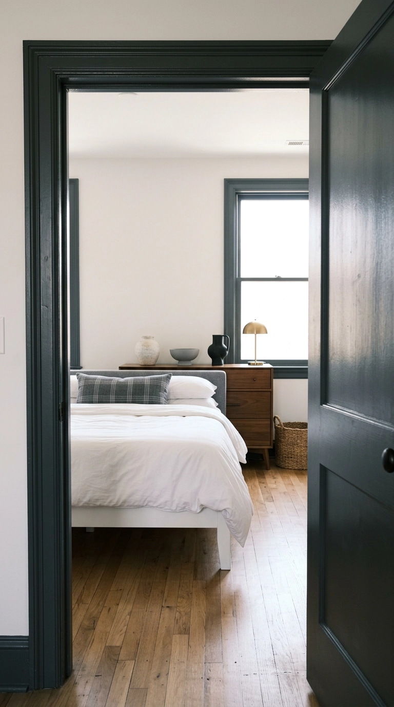 Charcoal gray door casing framing a white bedroom with walnut dresser and brass lamp