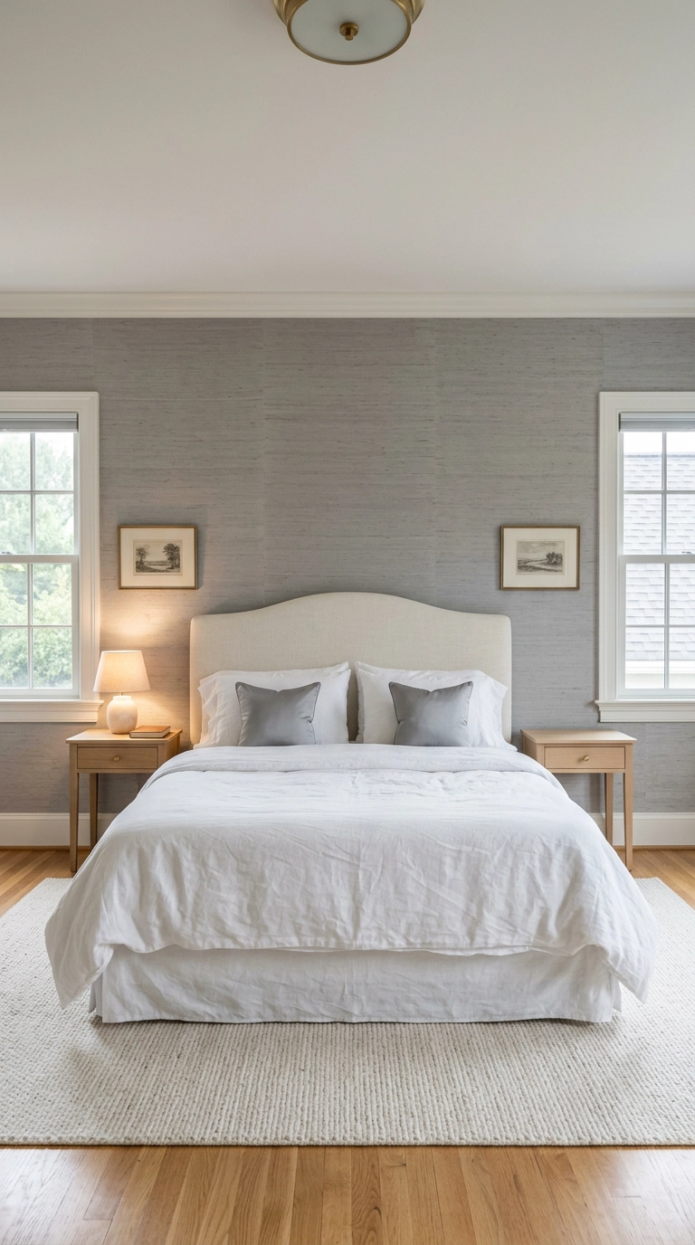 Gray grasscloth wallpaper behind an ivory linen camelback headboard in a white bedroom