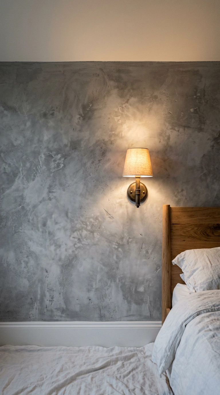 Mottled gray limewash plaster bedroom wall with brass sconce and oak headboard edge