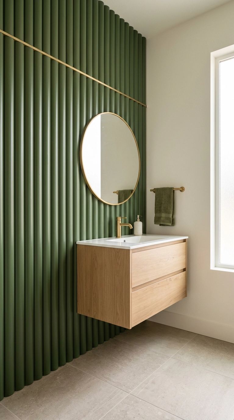 Moss green fluted vertical wall panels behind a floating oak vanity with gold trim