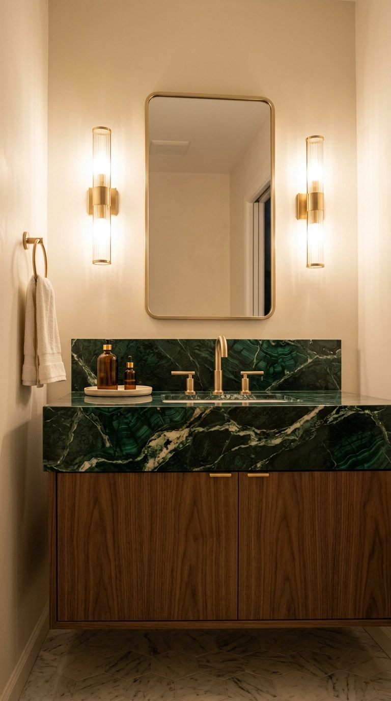 Deep green marble vanity countertop with champagne gold faucet and walnut cabinetry