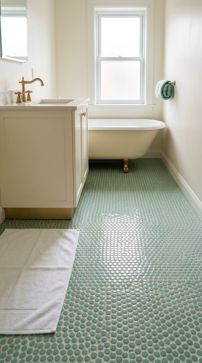 Seafoam green penny round tile bathroom floor with a brushed gold vanity toe-kick strip