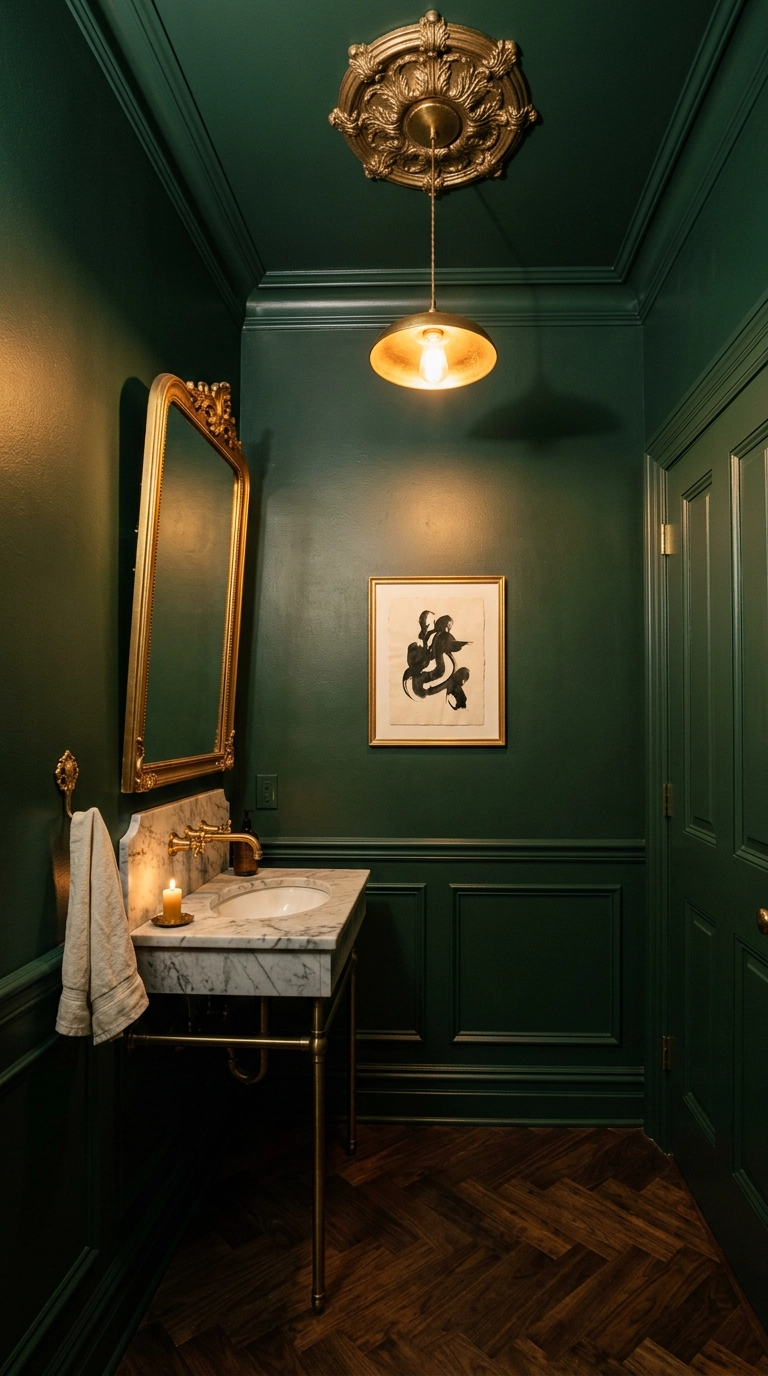 Bottle green drenched powder room with an aged gold ceiling medallion and pendant light