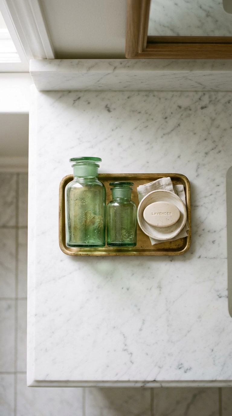 Vintage green glass apothecary jars grouped on an antique gold tray on a marble counter