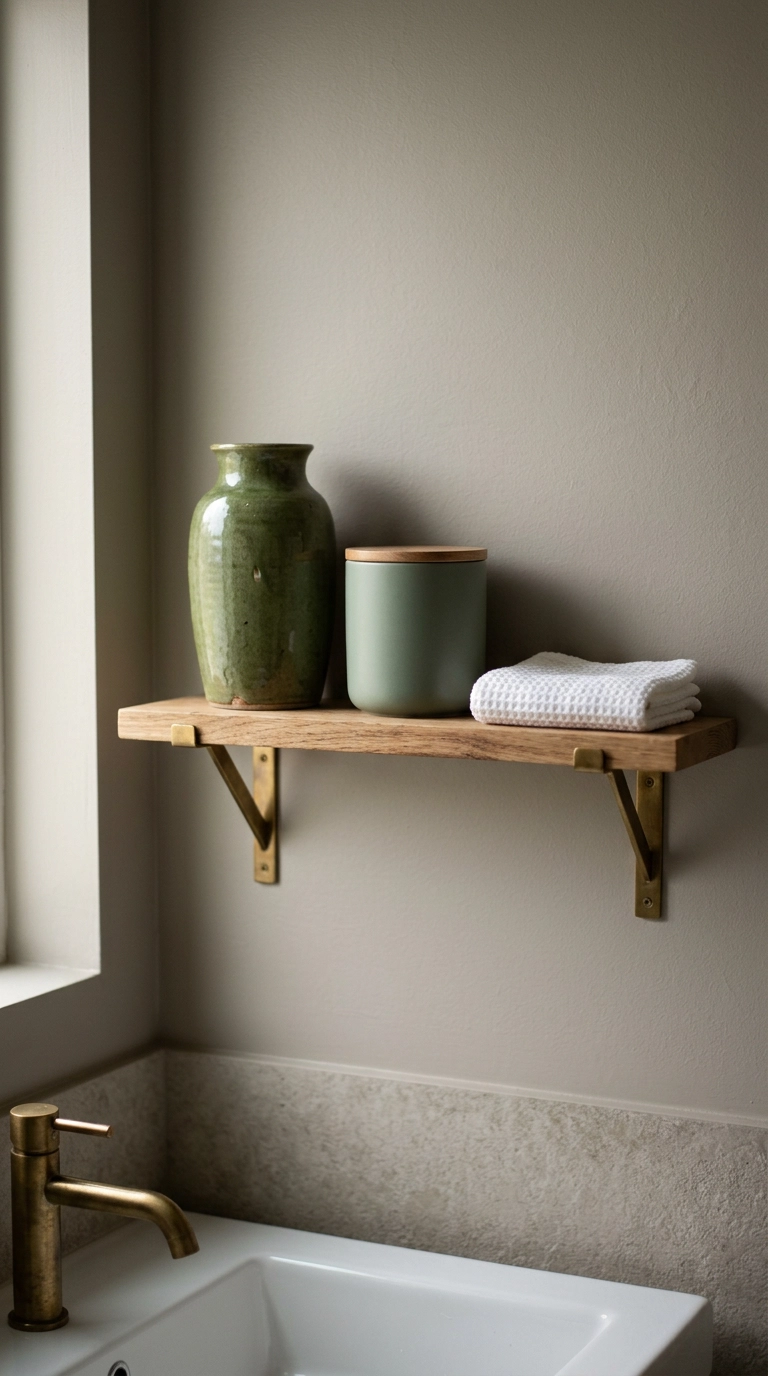 Slim brass bathroom shelf styled with three green ceramic pieces