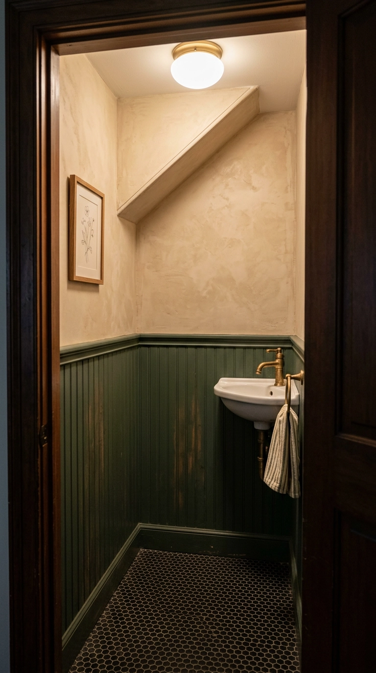 Hunter green beadboard wainscot in a small half bath with aged brass faucet and hook