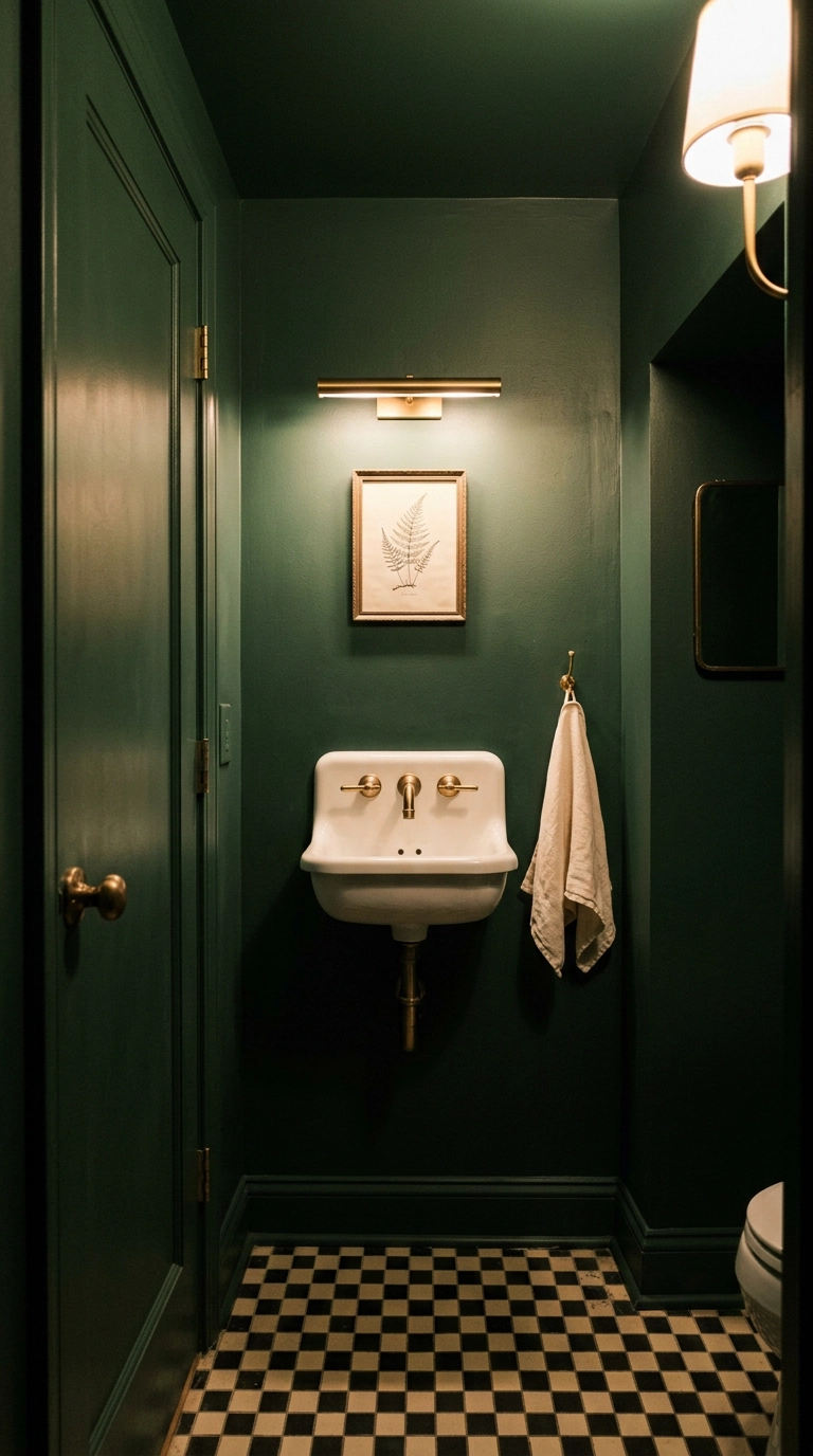 Powder room color drenched in deep forest green with aged gold faucet and picture light
