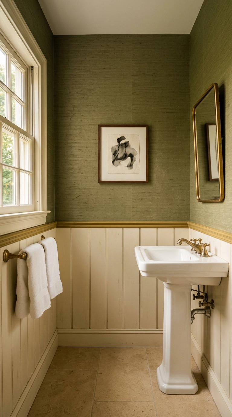 Olive green grasscloth wallpaper above white wainscot with an antique gold chair rail and pedestal sink