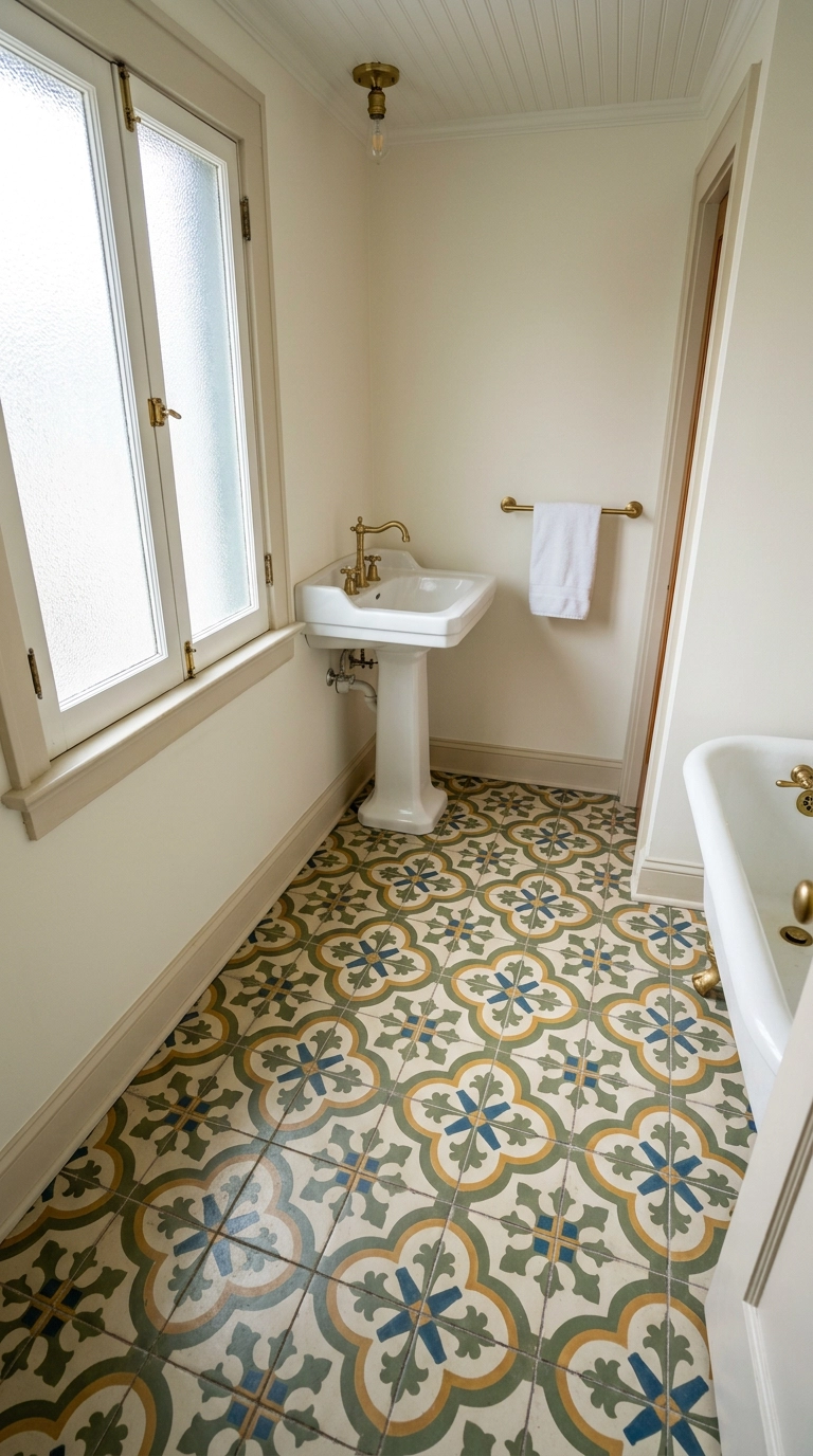 Olive green and gold geometric cement floor tile in a small vintage-style bathroom
