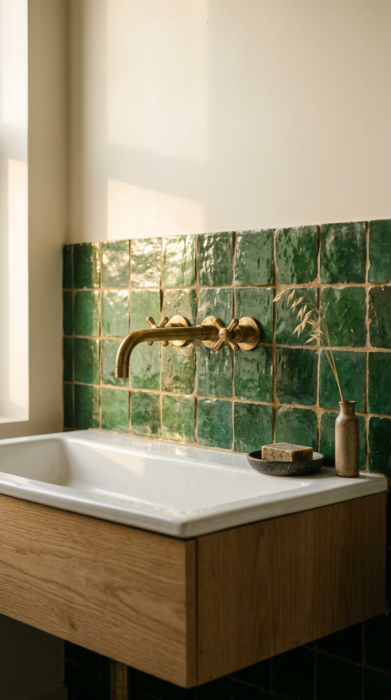 Mossy green zellige tile backsplash with a gold wall-mounted bathroom faucet