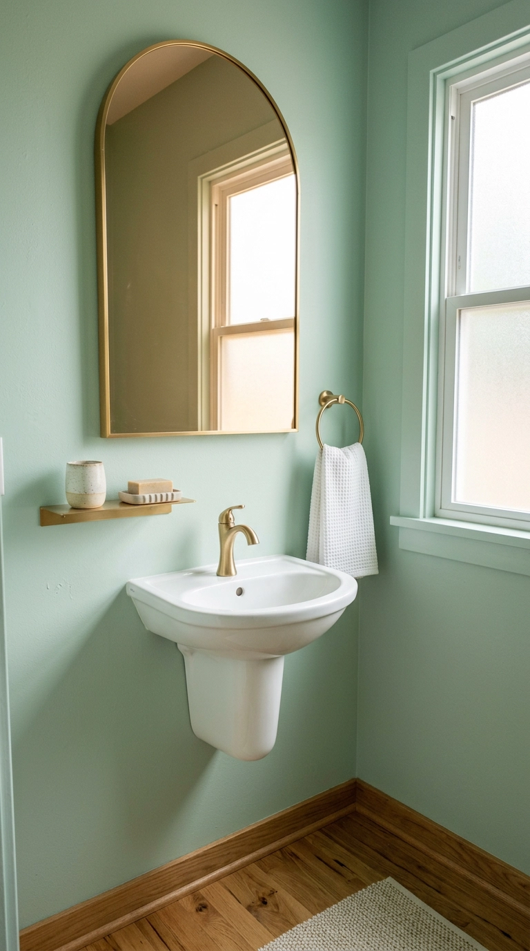 Arched brushed gold mirror on a mint green bathroom wall above a wall-mounted sink