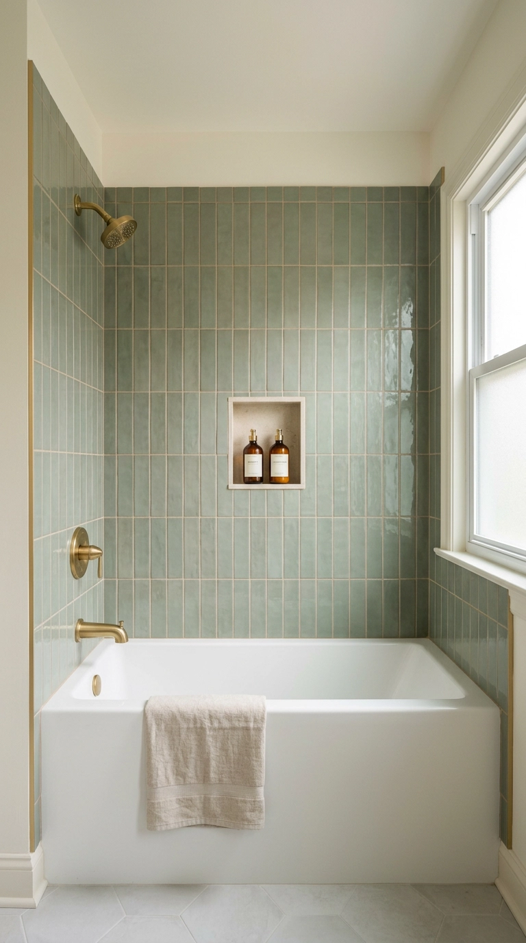 Sage green glossy subway tile shower wall with brushed gold tub spout and shower trim