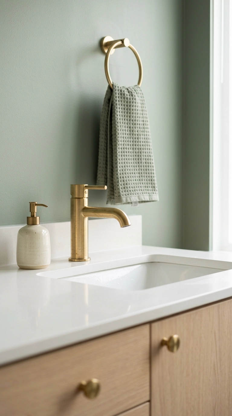 Brushed gold bathroom faucet and towel ring against a muted sage green wall