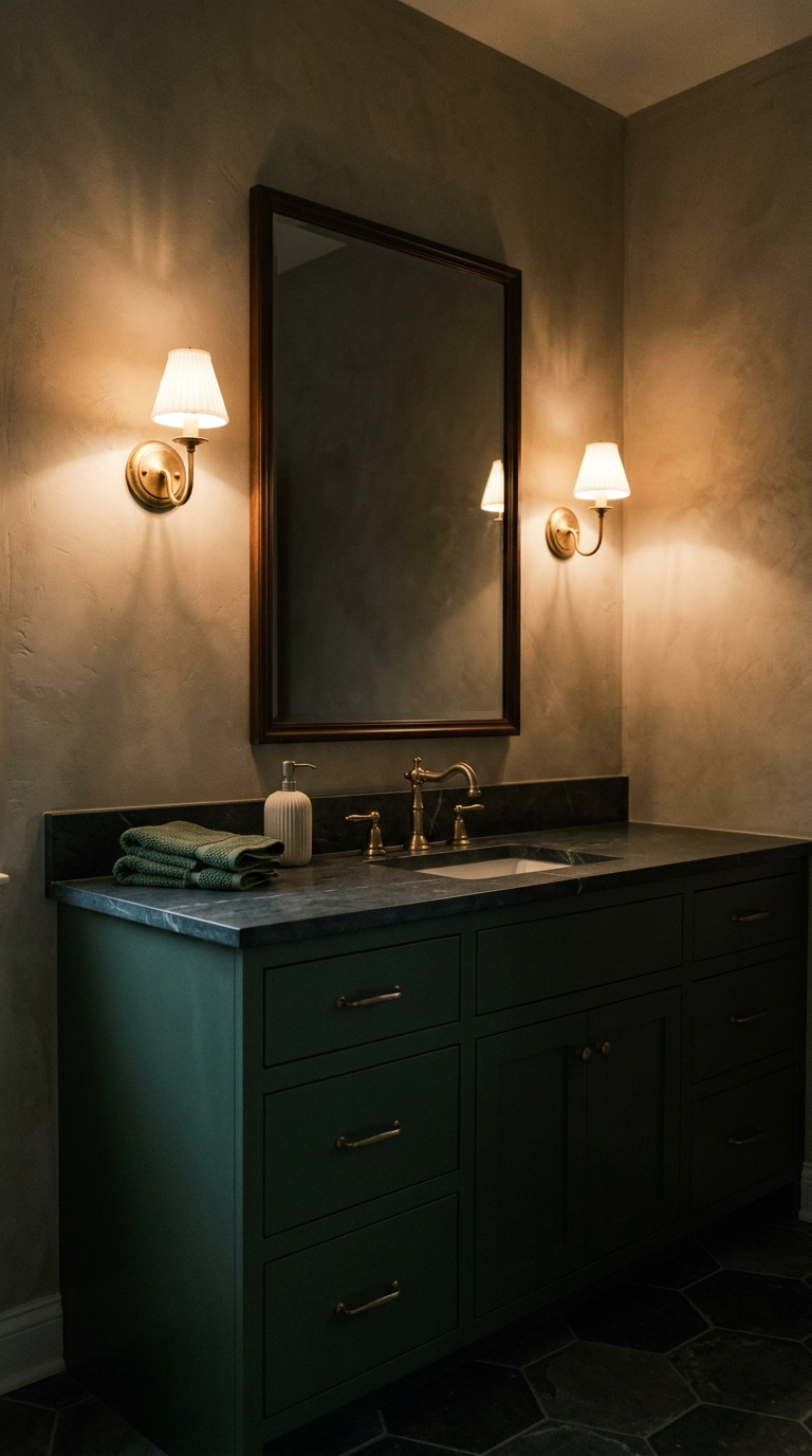 Antique gold sconces on either side of a mirror above a deep juniper green double vanity