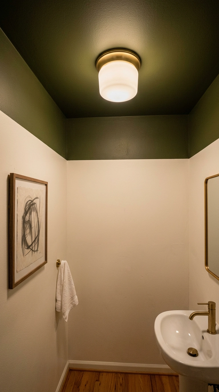Deep olive green painted bathroom ceiling with a brushed gold flush dome light