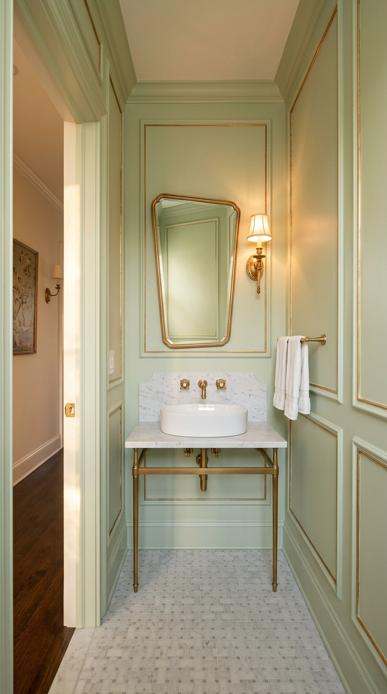 Pistachio green powder room with picture frame wall molding accented in antique gold