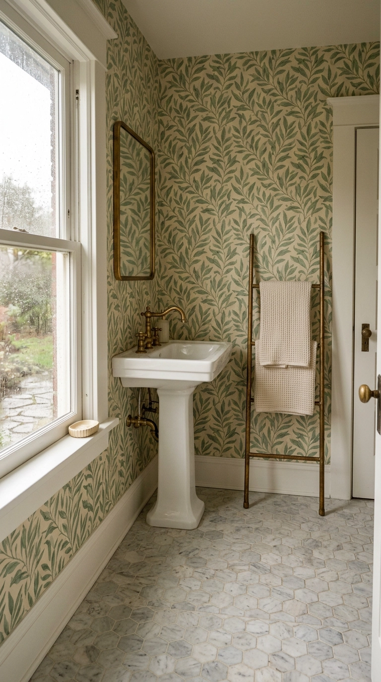 Muted green botanical wallpaper in a guest bathroom with a leaning brass towel ladder
