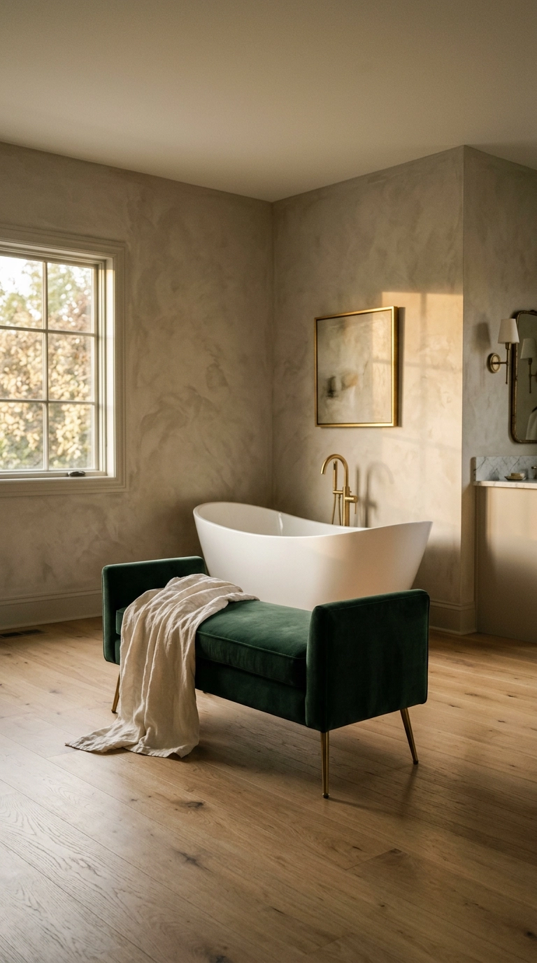 Deep pine green velvet bench with antique gold legs in a spacious primary bathroom