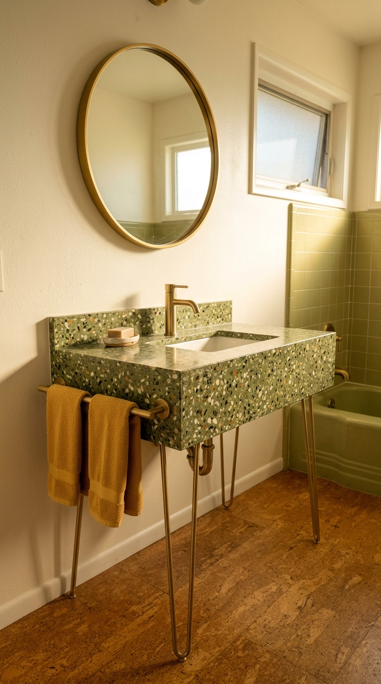 Green terrazzo bathroom vanity top on brushed gold hairpin legs with a round gold mirror