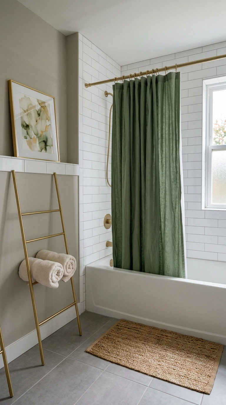 Fern green cotton shower curtain on a gold rod in a white tiled rental bathroom