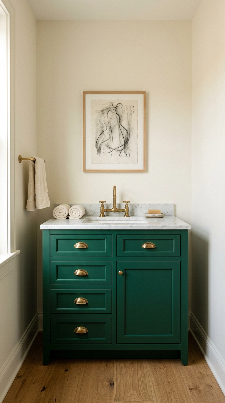 Emerald green shaker bathroom vanity with unlacquered brass faucet and marble countertop