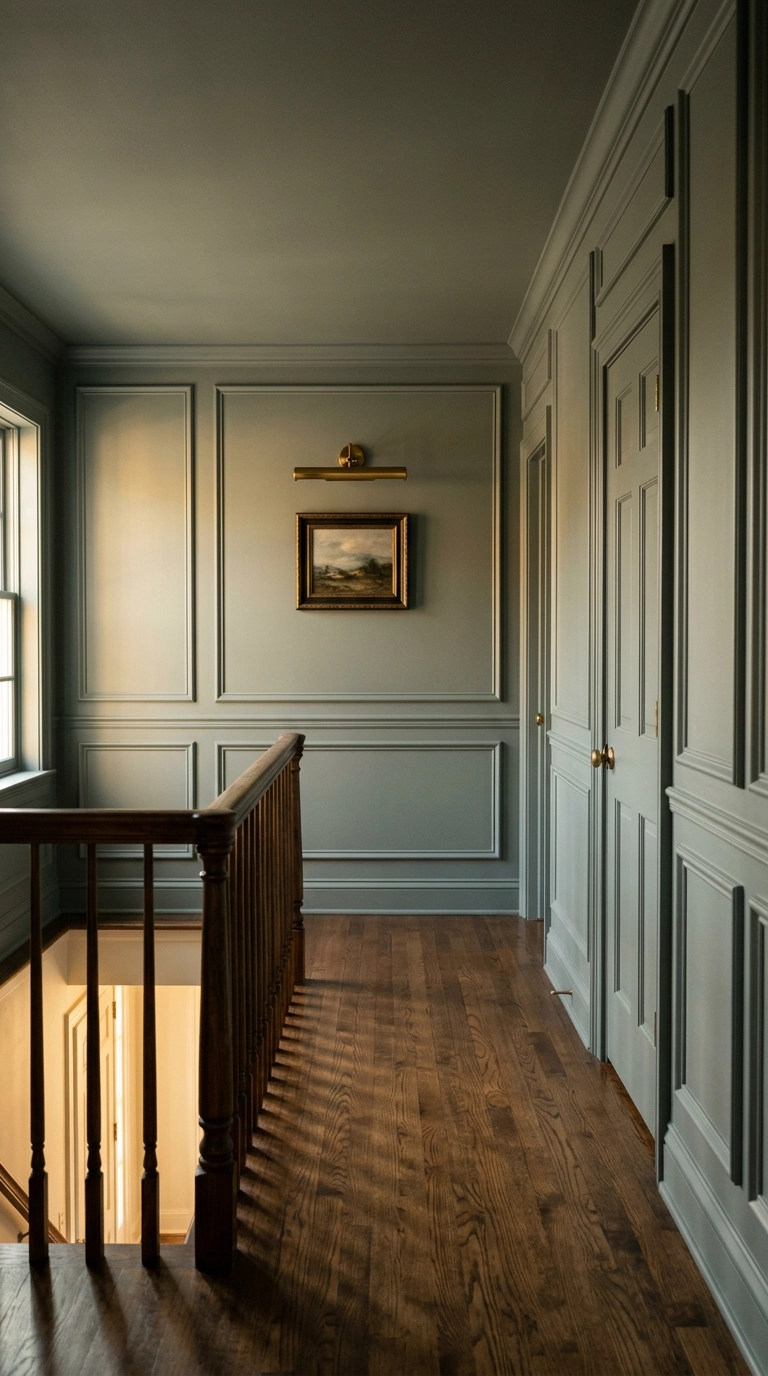 Muted grey-green hallway with picture frame wall molding panels and warm raking light