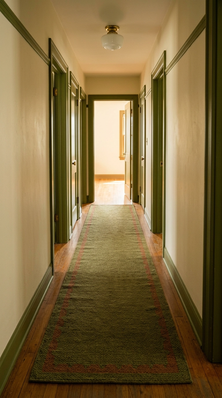 Olive green runner rug with terracotta border running down a hallway with cream walls